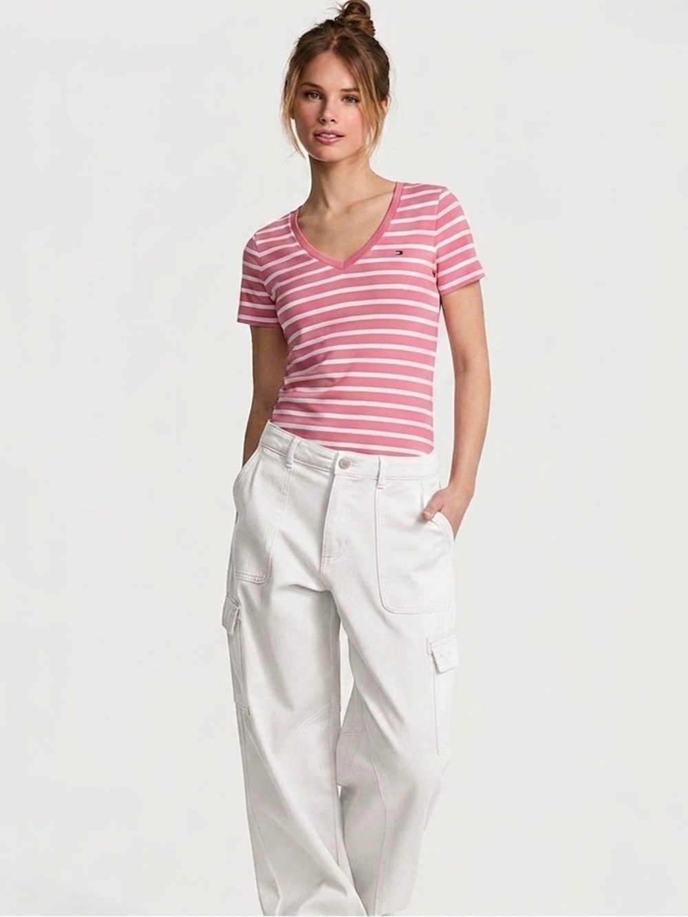 Tommy Hilfiger Pink and White Striped V-Neck Tee